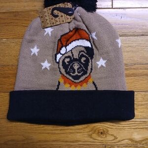 Festive Pug Kids Beanie - Brown and Black